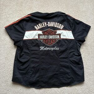 Harley Davidson Shirt Womens 2W Black Zip Front Short Sleeve Bar Shield Logo Y2K